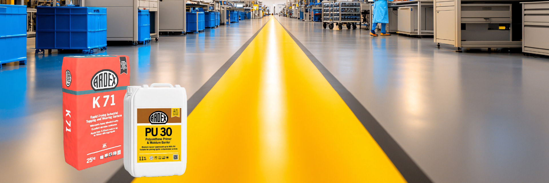 Industrial warehouse floor finished with the ARDEX K 71 and PU 30 system, with yellow demarcation walkway